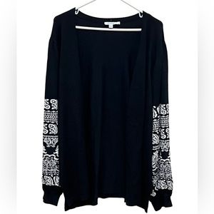 Chico’s Spun Rayon Jaquard Sleeve Cardigan black white open front size XXL NWT